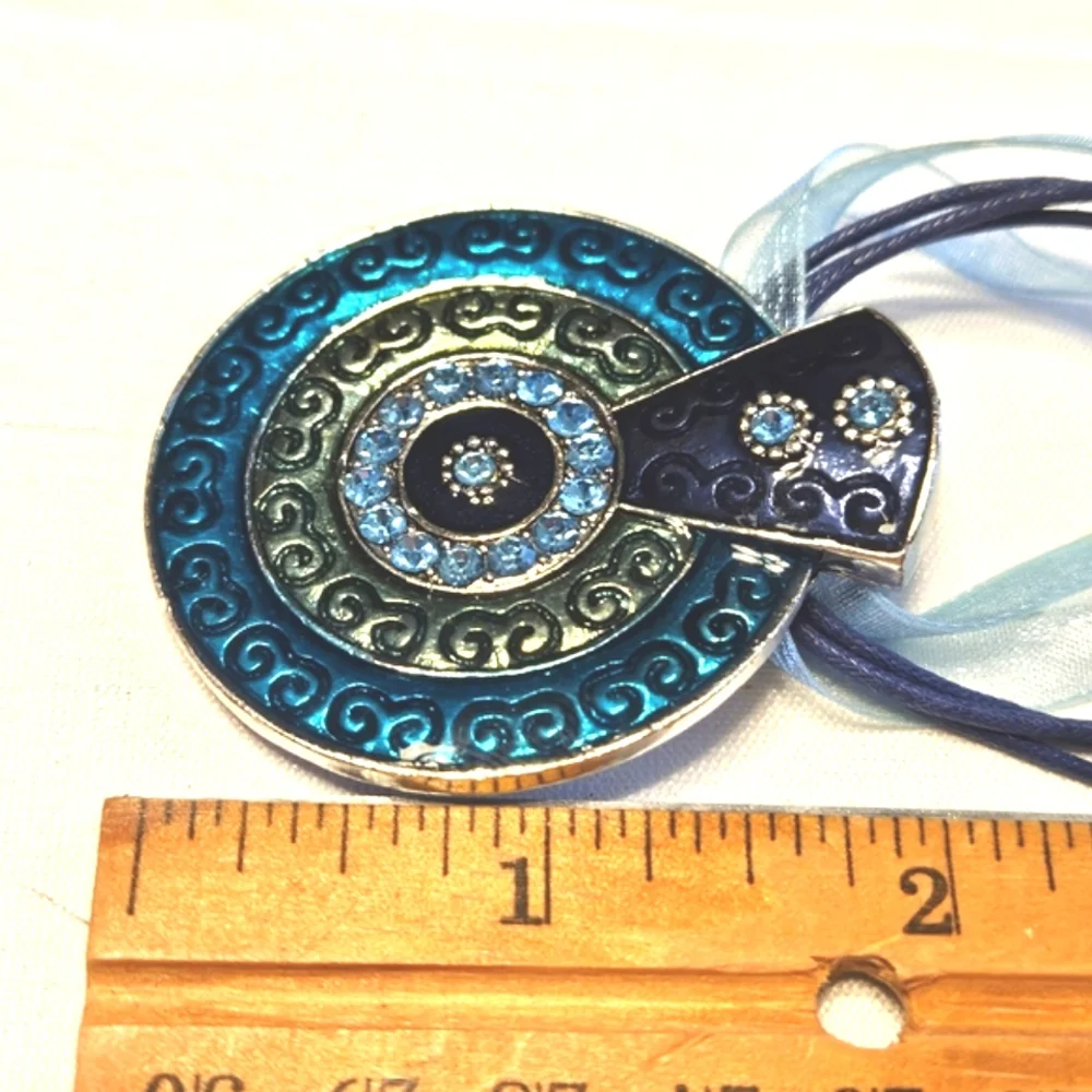 Vintage Silver Etched Blue Rhinestone Enamel Pendant Pierced Earrings Set